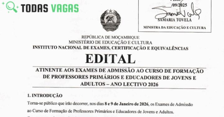 EDITAL IFP & EPF 2026 (3000) Vagas Para Curso de Formação de Professores Primários e Educadores de Jovens e Adultos